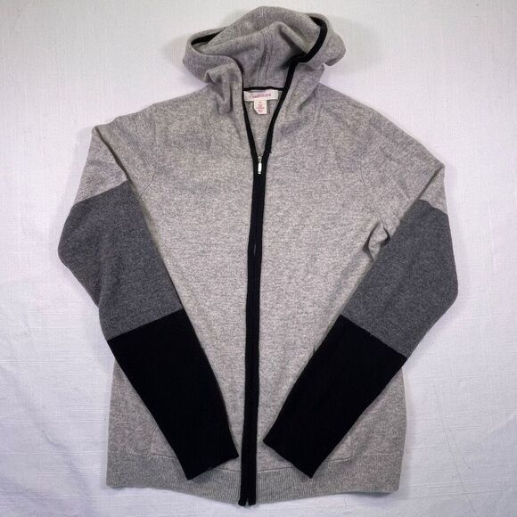 C. Cashmere Gray Black Colorblock Long Sleeve Zip 2-ply Cashmere Hoodie Medium - Picture 1 of 7